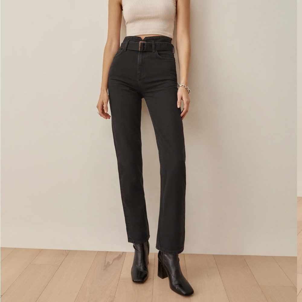 Reformation NWT Cynthia Belted High Rise Straight Jeans in Faded Black